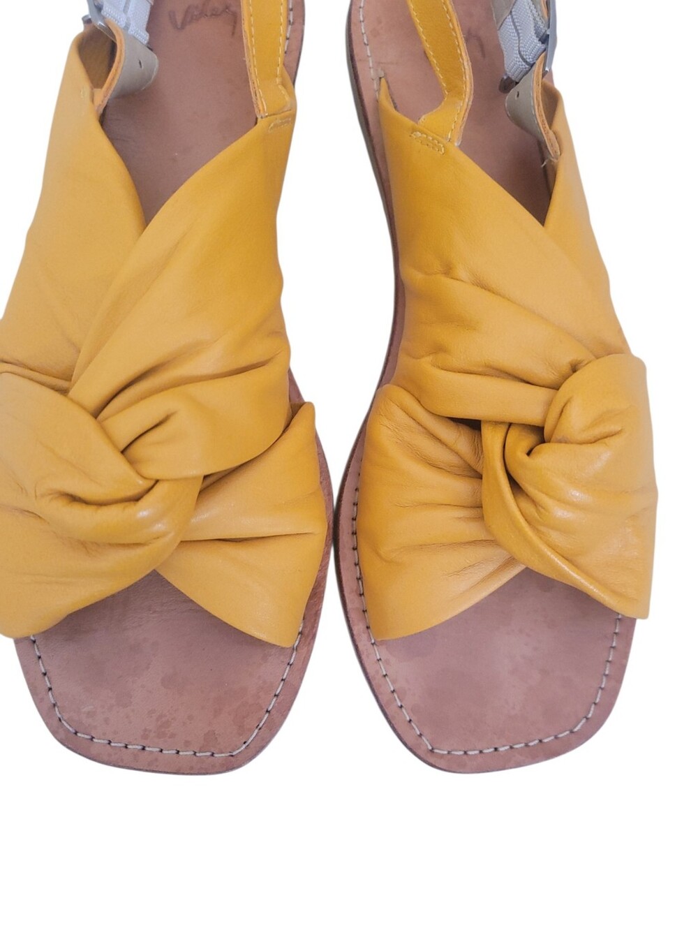 Velez Artisan Leather Knot Sandals Mustard Yellow Slingback Flat 38 Boho Resort - Picture 9 of 11